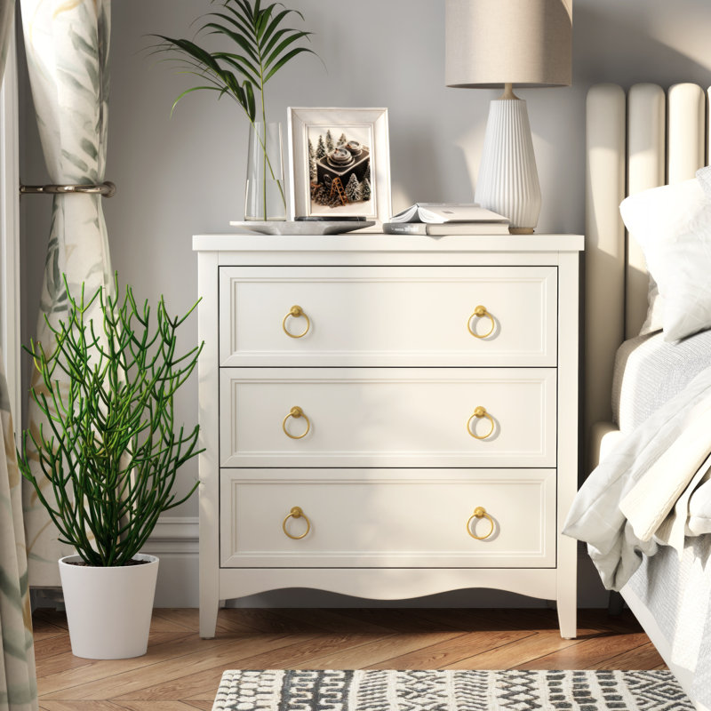 Farmhouse Fully Assembled White 3 Drawer Dresser Chest Vintage Nightstand With Bronze Metal Ring Handles